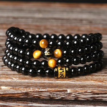 108 Natural Black Onyx Tiger Eye Tibetan Six True Words Mantra Beads Mala Bracelet-Your Soul Place